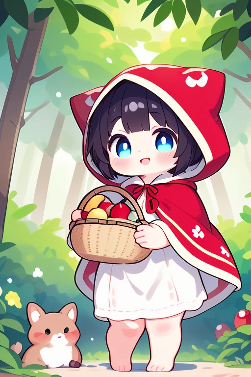 1 adorable chubby naked girl,  One,  walk naked in the forest,  fairy tale,  Little Red Riding Hood,  forest path,  wicker basket,  Floral details,  Young appearance,  Little Red Riding Hooded cloak,  black hair,  short haircut,  Innocent expression,  Blue eyes, in a red cape with a hood over a naked body, carry a fruit basket,  surrounded by tall trees,  dappled sunlight,  a hint of curiosity in her eyes. happy