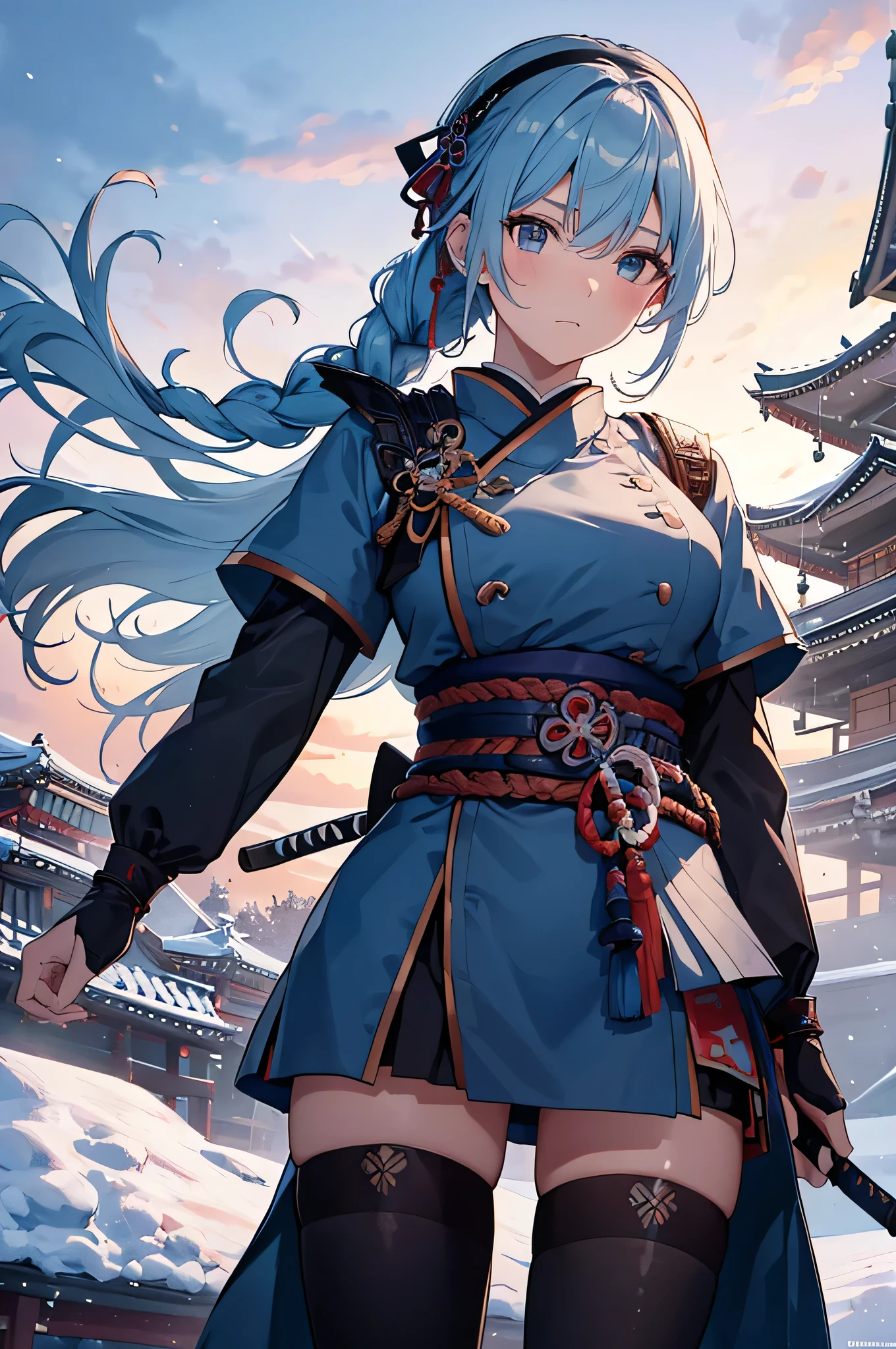 4K,High resolution,One Woman,Light blue hair,Long Ponytail,Braid,Big Breasts,Samurai,氷で出来たSamuraiの鎧,Heavy Armor,Full Armor,Black tights,hair band,Jewelry decoration,Big Japan sword,Japan castle tower,Snowy Sky
