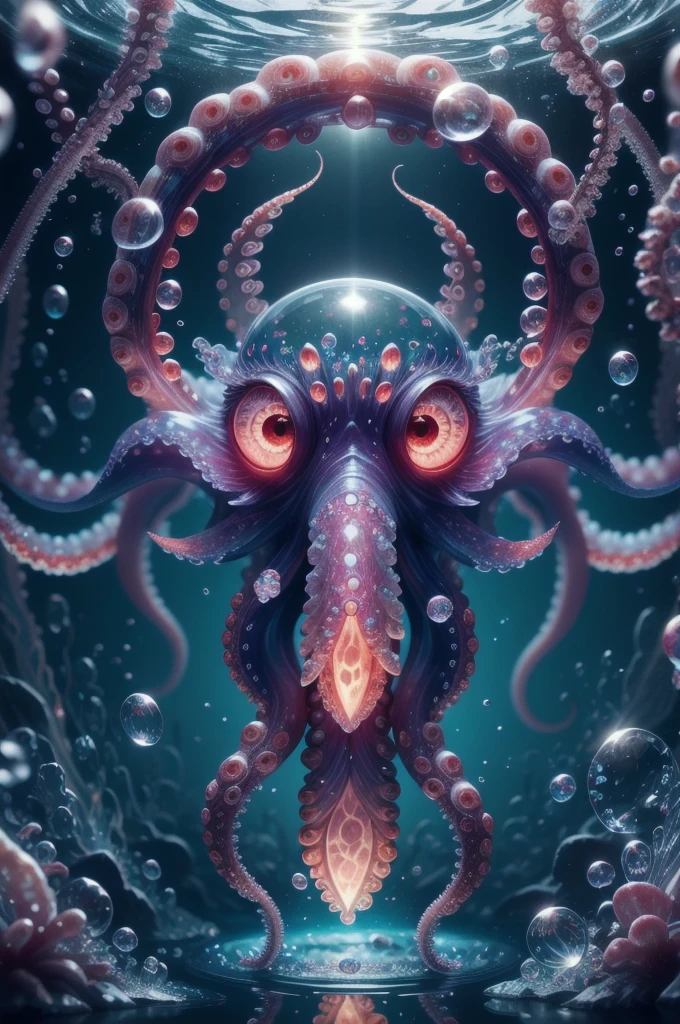 Eye focus,Tentacles,alone,Transparent glowing octopus,View your viewers,Variegated eyes,No humans,reflection,water,Extra Eyes,bubble,monster,Crystals,