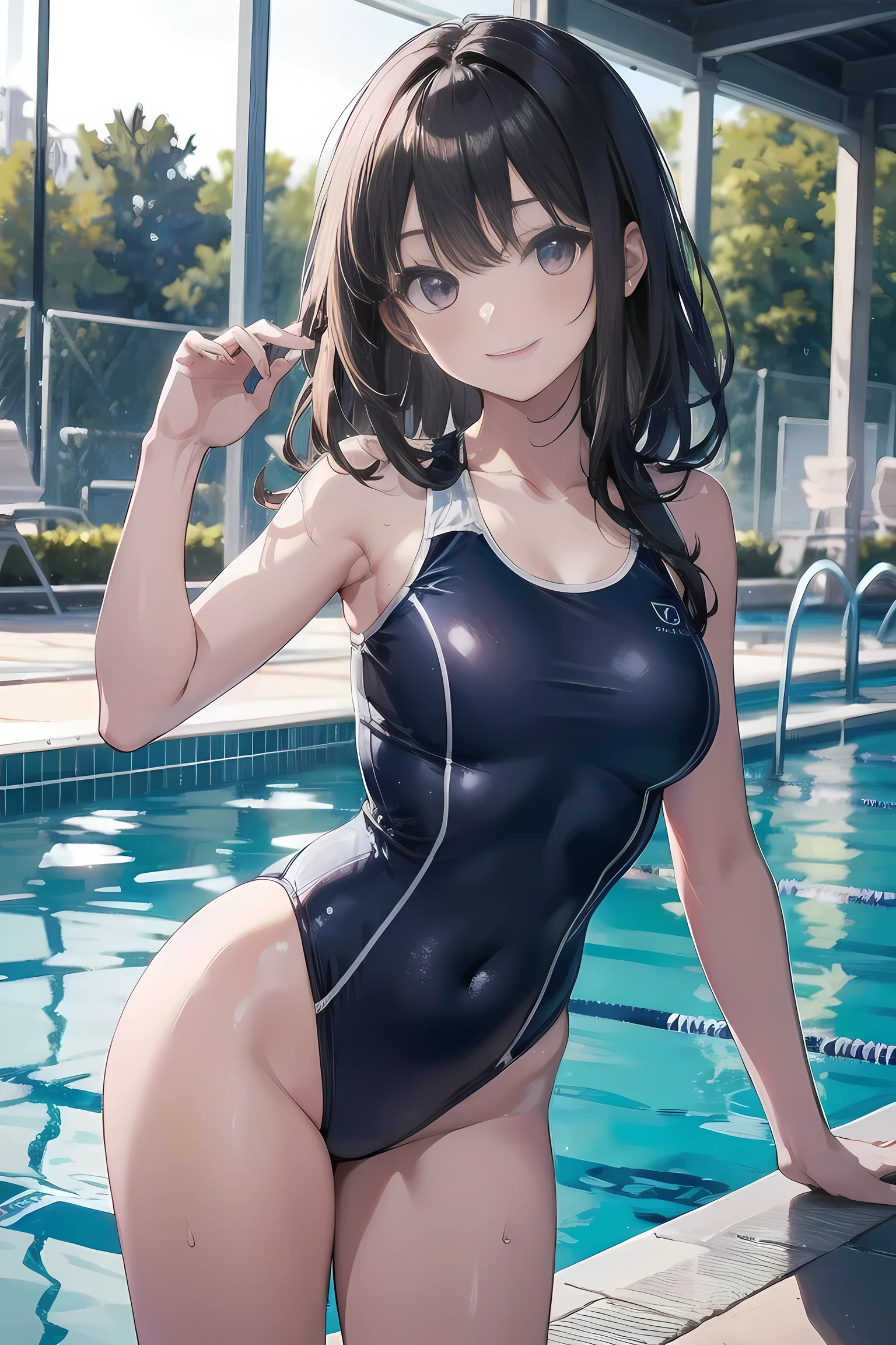 high quality, 最high quality, Complete limbs, Ultra-high resolution, Bright light, cute girl, Slender beauty, smile, Wearing a shiny school swimsuit, Glowing Skin, Tiny Breasts, Pool