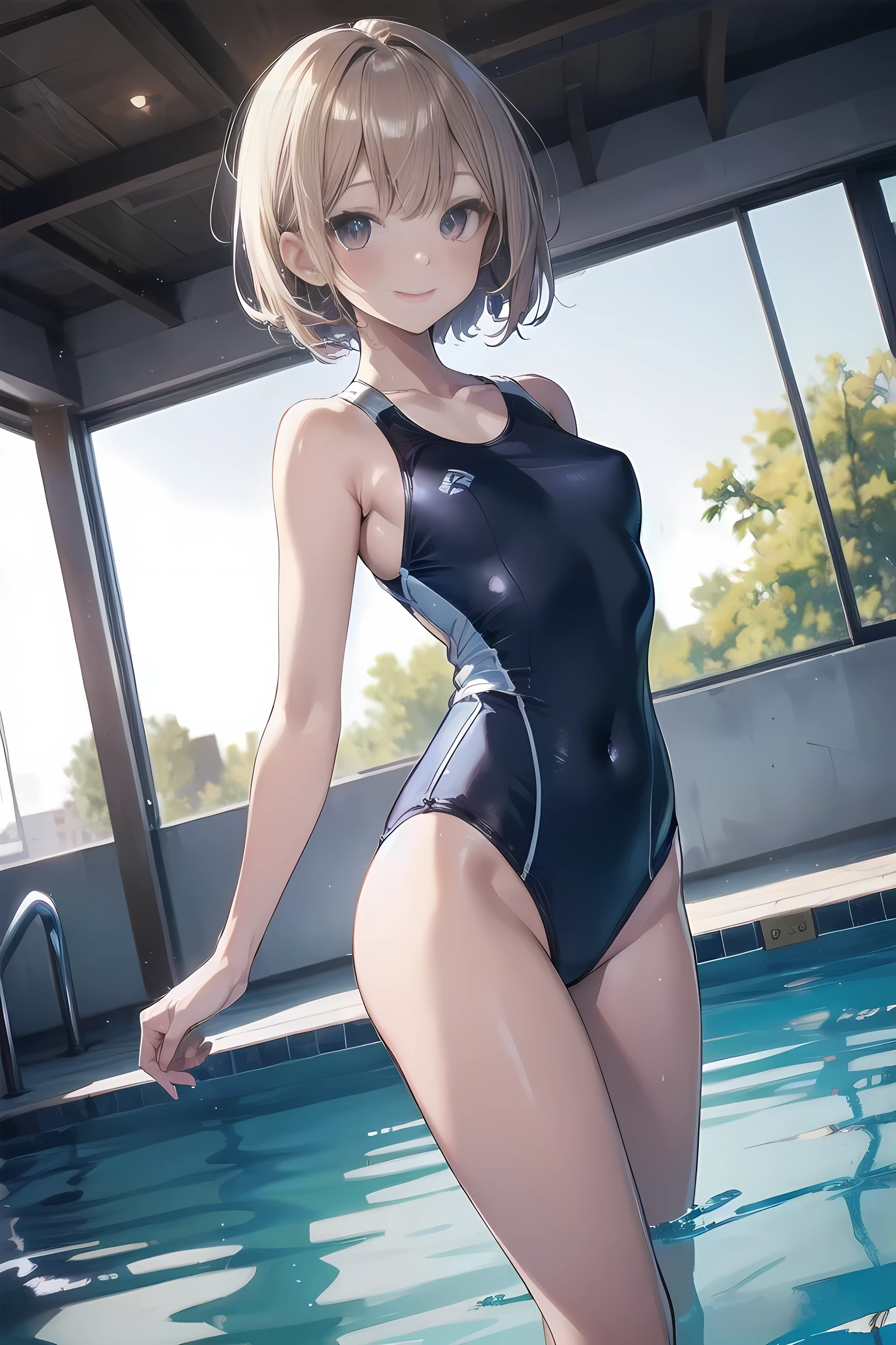 high quality, 最high quality, Complete limbs, Ultra-high resolution, Bright light, cute girl, Slender beauty, smile, Wearing a shiny school swimsuit, Glowing Skin, Tiny Breasts, Pool