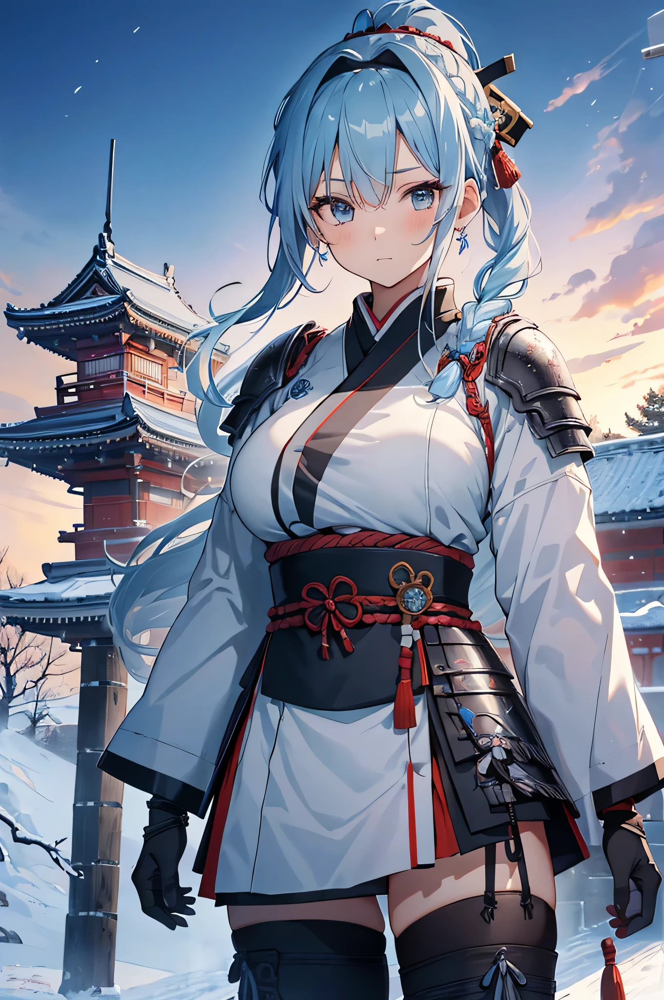 4K,High resolution,One Woman,Light blue hair,Long Ponytail,Braid,Big Breasts,Samurai,氷で出来たSamuraiの鎧,Heavy Armor,Full Armor,Black tights,hair band,Jewelry decoration,Big Japan sword,Japan castle tower,Snowy Sky
