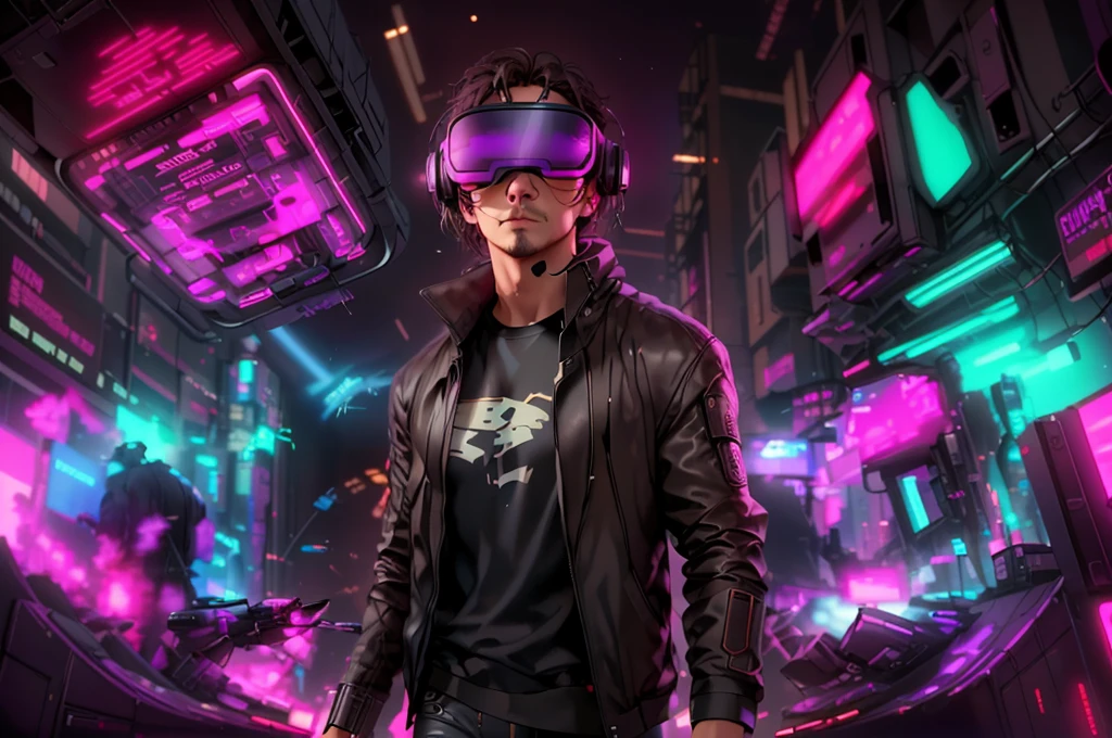 neocruz cabello largo , messy hair, barba, a man in a black jacket and glasses stands in front of a futuristic city, vr game, cyberpunk vibe, cyberpunk vibes, deeper into the metaverse we go, has cyberpunk style, cyberpunk theme, in cyber punk 2077, cyberpunk futuristic, cyberpunk future, synthwave, wearing cyberpunk streetwear, futuristic cyberpunk, cyberpunk tech, retro cyberpunk, synthwave style