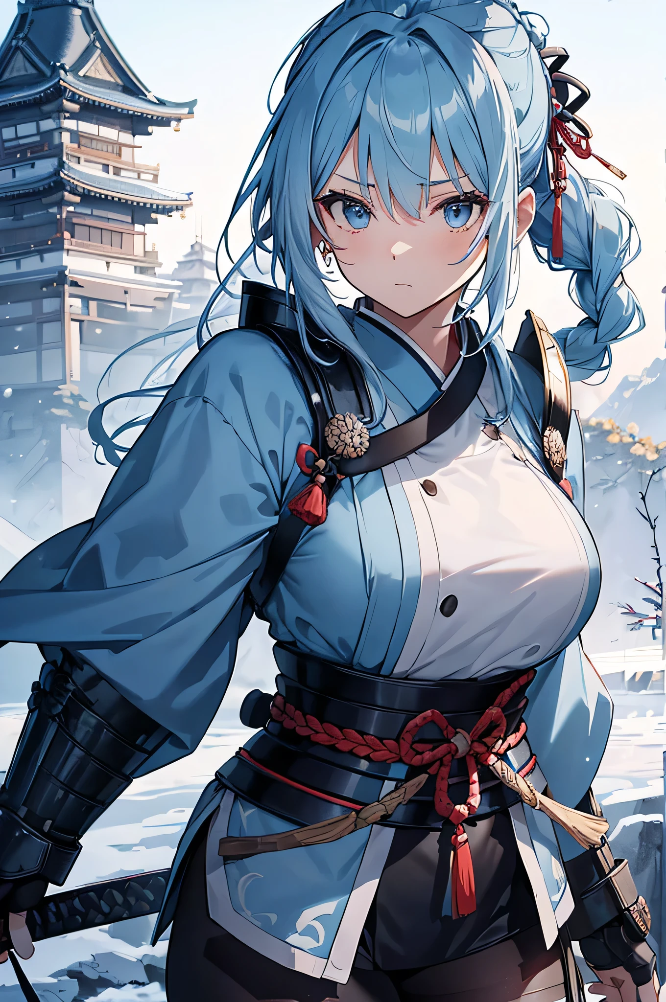 4K,High resolution,One Woman,Light blue hair,Long Ponytail,Braid,Big Breasts,Samurai,氷で出来たSamuraiの鎧,Heavy Armor,Full Armor,Black tights,hair band,Jewelry decoration,Big Japan sword,Japan castle tower,Snowy Sky