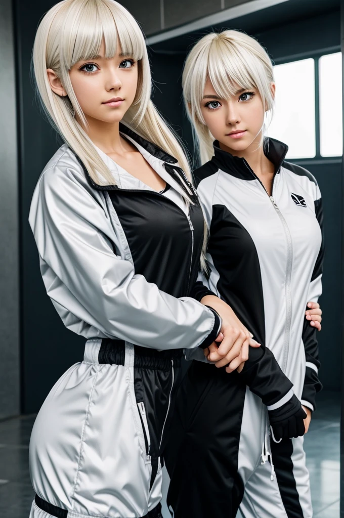 Anime style girl with black hair and platinum blonde highlights also with bangs and who is wearing a training suit from the anime of Boku no Hero Academy and who has silver eyes