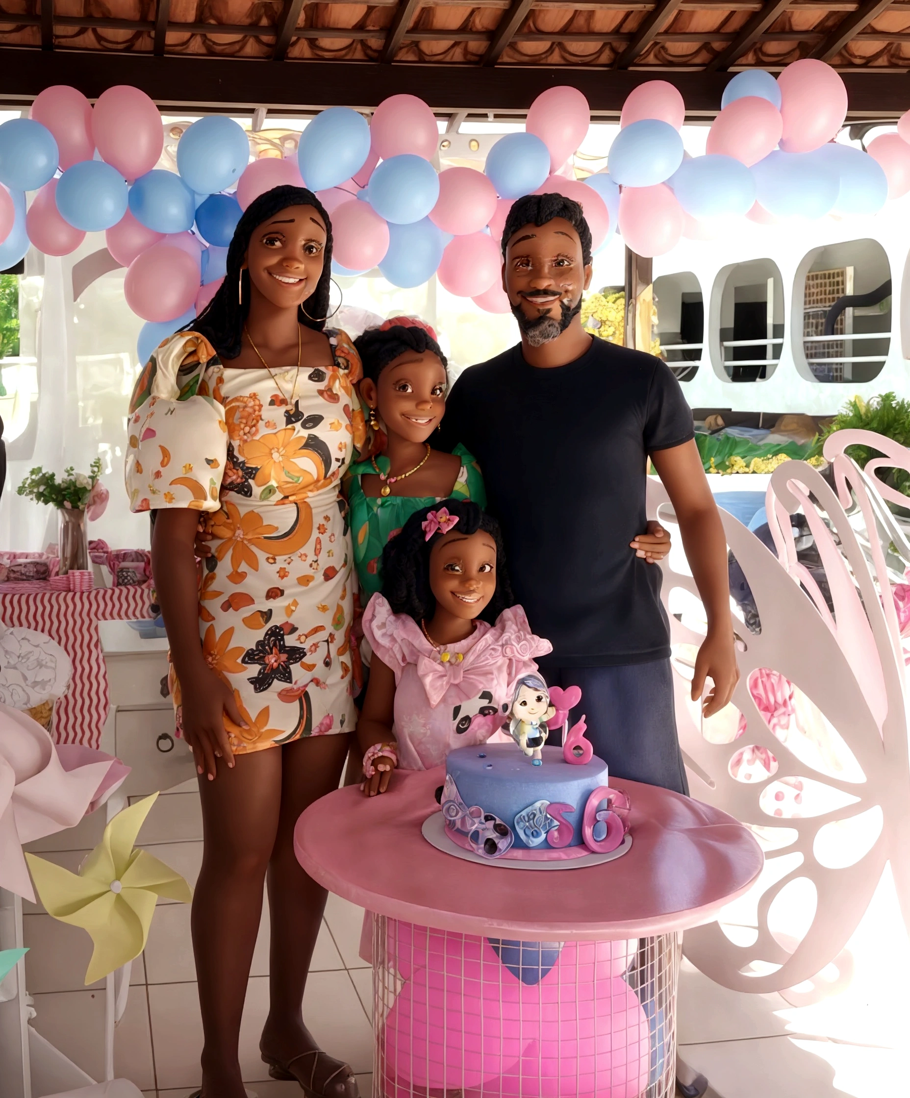black woman smiling, man with goatee smiling, two girls smiling, party room, birthday