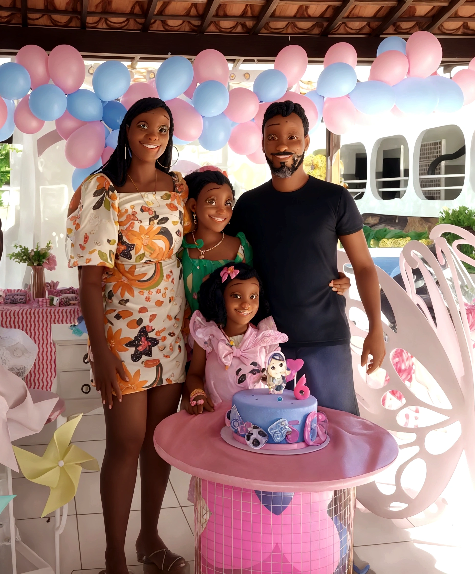 black woman smiling, man with goatee smiling, two girls smiling, party room, birthday