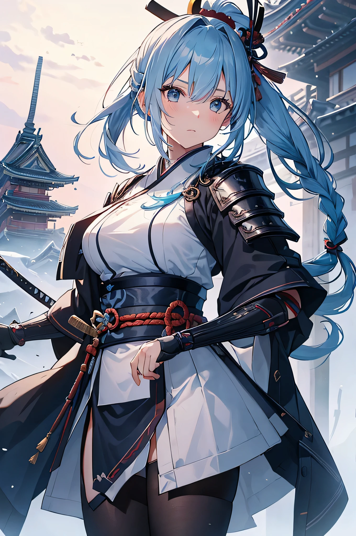 4K,High resolution,One Woman,Light blue hair,Long Ponytail,Braid,Big Breasts,Samurai,氷で出来たSamuraiの鎧,Heavy Armor,Full Armor,Black tights,hair band,Jewelry decoration,Big Japan sword,Japan castle tower,Snowy Sky
