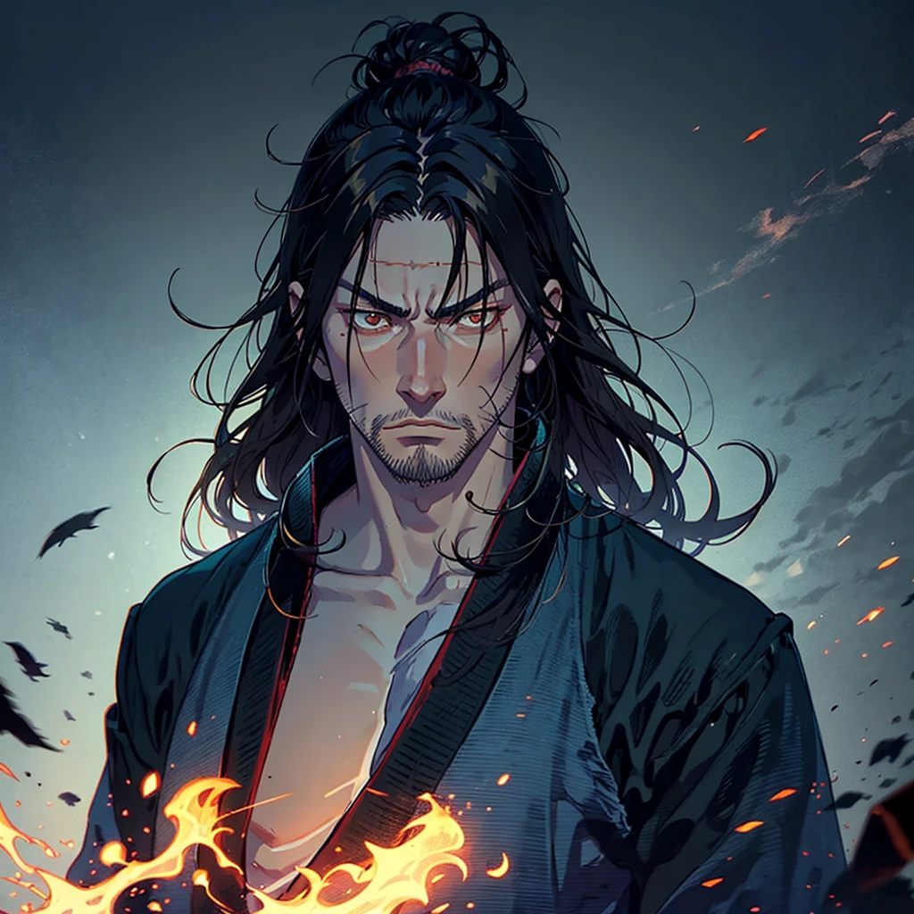 a close up of a perso, evil male sorcerer, portrait of samurai, dark cloaked necromancer, musashi miyamoto, standing, fighting stance, looking at the viewer, front camera, eye level, handsome, beard, long hair, angry expression, face,
