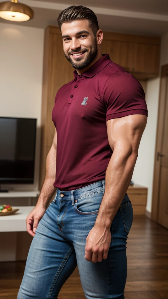 Handsome muscular man beard, strong and muscular legs, big lump, artwork, sonriendo, super sexy in jeans and burgundy polo shirt with blackstripes 8k ultra realistic masterpiece great detail next to a font super muscular , sexy , tatoo