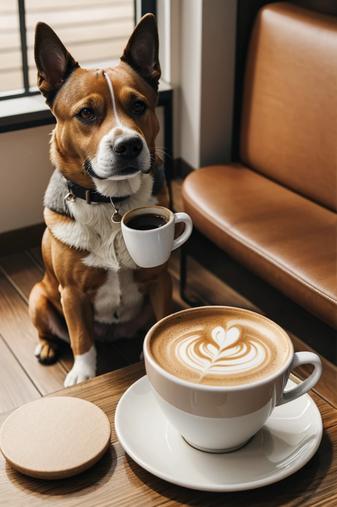 A dog sitting in the afternoon with a cup of coffee