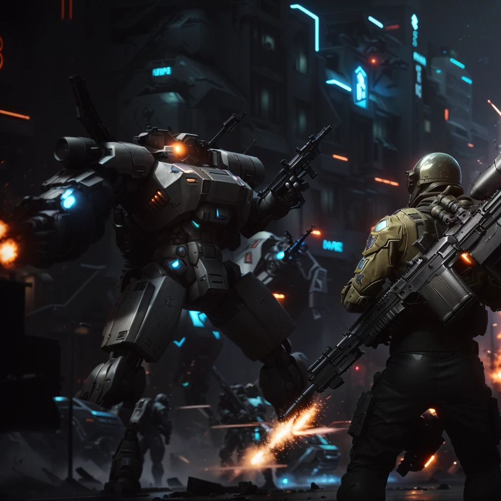 arafed image of a man with a gun and a machine gun in front of a building, soldiers and mech fight, mech machines firing bullets, futuristic battlefield, war mechs fighting, fps game concept art, high quality digital concept art, mech concept art, battletech style, concept art wallpaper 4k, 4 k concept art, 4k concept art
