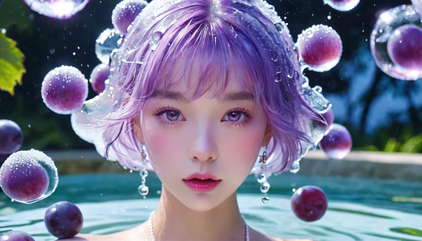 Summer Purple Grape Girl,Dopamine teenage, Cool summer days,Ice cubes,The watery girl,Delicate skin,Hydration,Shiny,Shiny,dream,Front view,bust,pearl,Purple grape fruit
