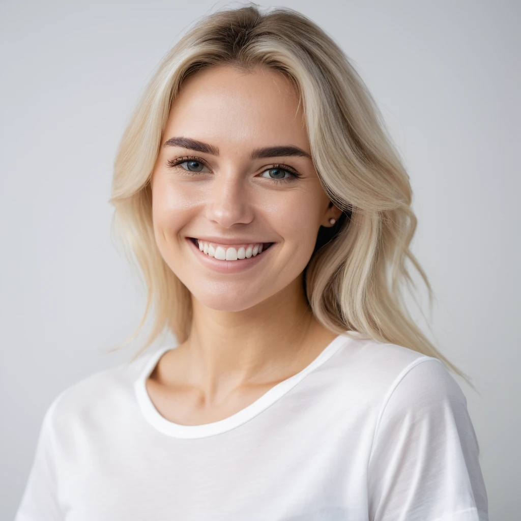 perfect quality,blond,White skin，a photo of a woman,indoor,White background,Realistic lighting,8K,4K,Looking at the camera,Wearing short sleeves,Smile,Show your teeth,portrait,Pretty Face