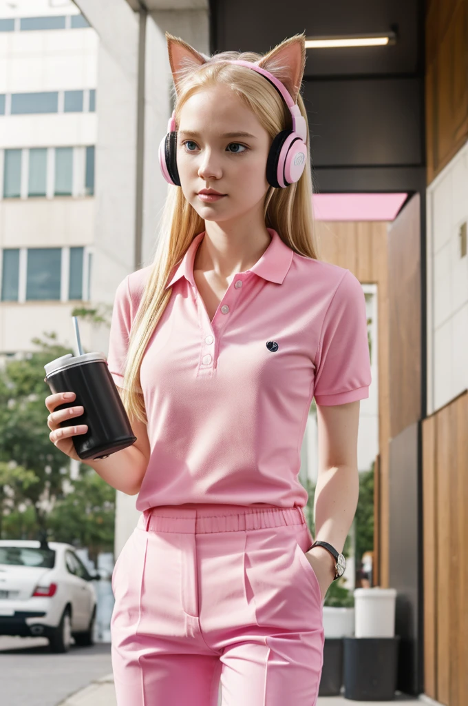 girl,pale skin,long blonde hair,black eyes ,pink polo, pink pants, milk container wallet, cat headphones