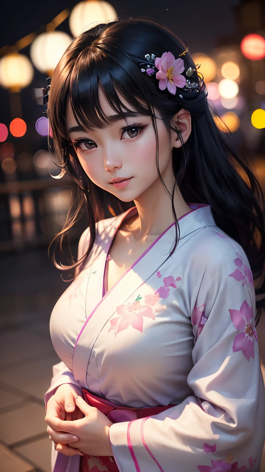 (logo、masterpiece、8K、Tabletop、RAW Photos、wonderful、最high quality、フォトリアリスティックでVery detailedな CG 複合 8K 壁紙、high quality、Very detailed、Narrative poem、Particle Effects、Dynamic Effects、Depth of the Boundary、Cinematic Light、Lens flare、Ray Tracing）、 (One beautiful woman wearing a yukata、White yukata、Light purple pattern)、Black-haired、High definition skin、Very fine、Fine skin texture、Beautiful Face、True Face、Beautiful details in the eyes、Realistic eyes、Beautifully detailed eyes、Realistic Skin、Beautiful Skin、Surreal、Smiling Eyes、Hair and light eyes、vivid、Colorful lights and bokeh、plump lower lip、Pink Lips、Hair flutters in Wind、Hair bounces、wonderful景色、night、evening、Wind、moonlight、moonlight、light