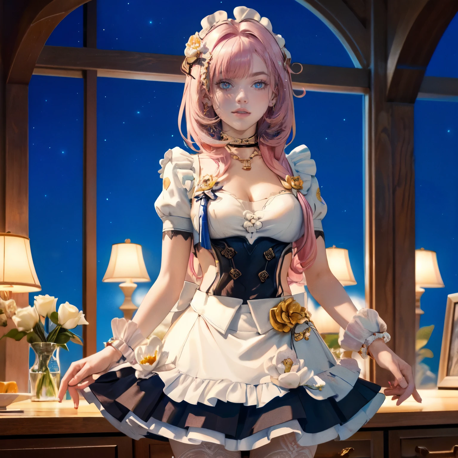 1girl, white roses, ornament hair, white roses on her hair, perfectly body, perfectly hands, lilac hair, long hair, wave hair, long hair, ornament hair, long hair, Looking at the viewer, flowing hair, Beautiful Eyes, Plump and glossy lips, maid, maid dress, maid headdress, maid apron, white dress with too many frills, white dress, blue laces, white Short skirt, Drape clothes, pink gem, Lace trim, kitchen, luxury details, gold jewelry, more details, best quality, Big sparkling eyes, blushing, white Striped Lace Stockings, pink Lolita skirt, sparkle, solo, centered girl, cowboy shot, perfectly body, perfectly hands, two arms, two legs, two hands, five fingers, perfect anatomy, glowing hair, white roses, maid, maid dress, dress, solo, flowing hair, floating hair, ornament hair, perfectly body, perfectly hands, on the kitchen, sparkles, more details on her clothes, white dress with transparency, golden details on her dress, night, tray with juice, ((4k, masterpiece, top-quality)), 8k, best quality, high resolution, UHD, (illustration:0.8), super cute girl, delicate and beautiful face, mature girl, super cute hairstyle, (beautiful detailed eyes:1.6), extremely detailed face, perfect lighting, extremely detailed CG, (perfect hands, perfect anatomy), Best quality, cleavage, small skirt, full Body, two arms, two legs, two hands, five fingers