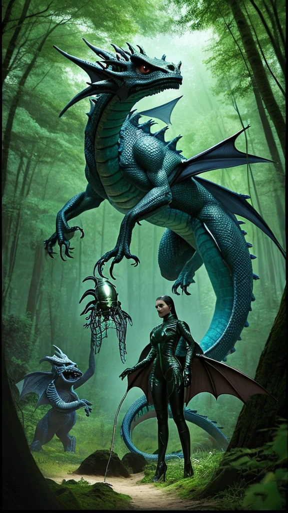 dragon and alien, science fiction, in the forest