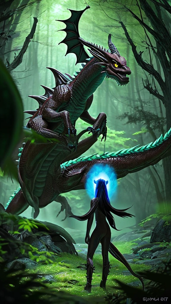dragon and alien, science fiction, in the forest