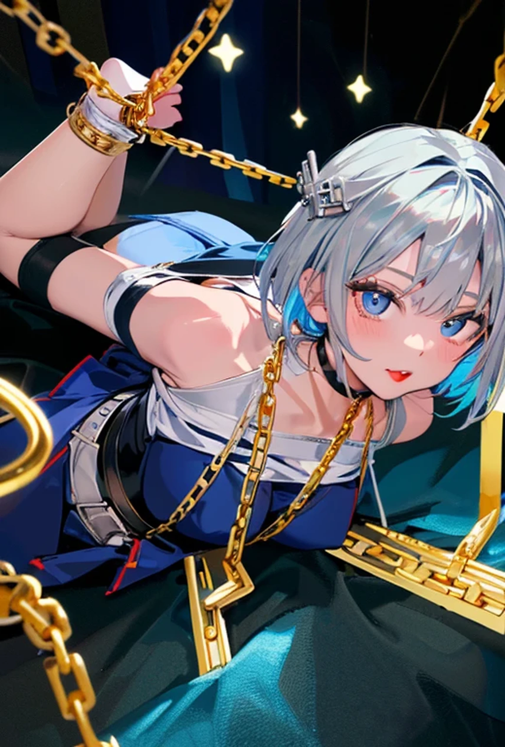 (Super detailed、Ultra-high resolution、Detailed Background)、((Flat Color))、((colorful))、Multicolored lighting、((Floating colorful water))、
Masochistic woman tied up in chains、Random Pause、(Chained、Golden Chain、Chained to the body、Chained first round、handcuffs、shortage々Shii:1.4)、
(Medium Hair、Silver Hair、hair ornaments、choker)、Beautiful blue eyes、Beautiful red lip、(Sad、Confusion)