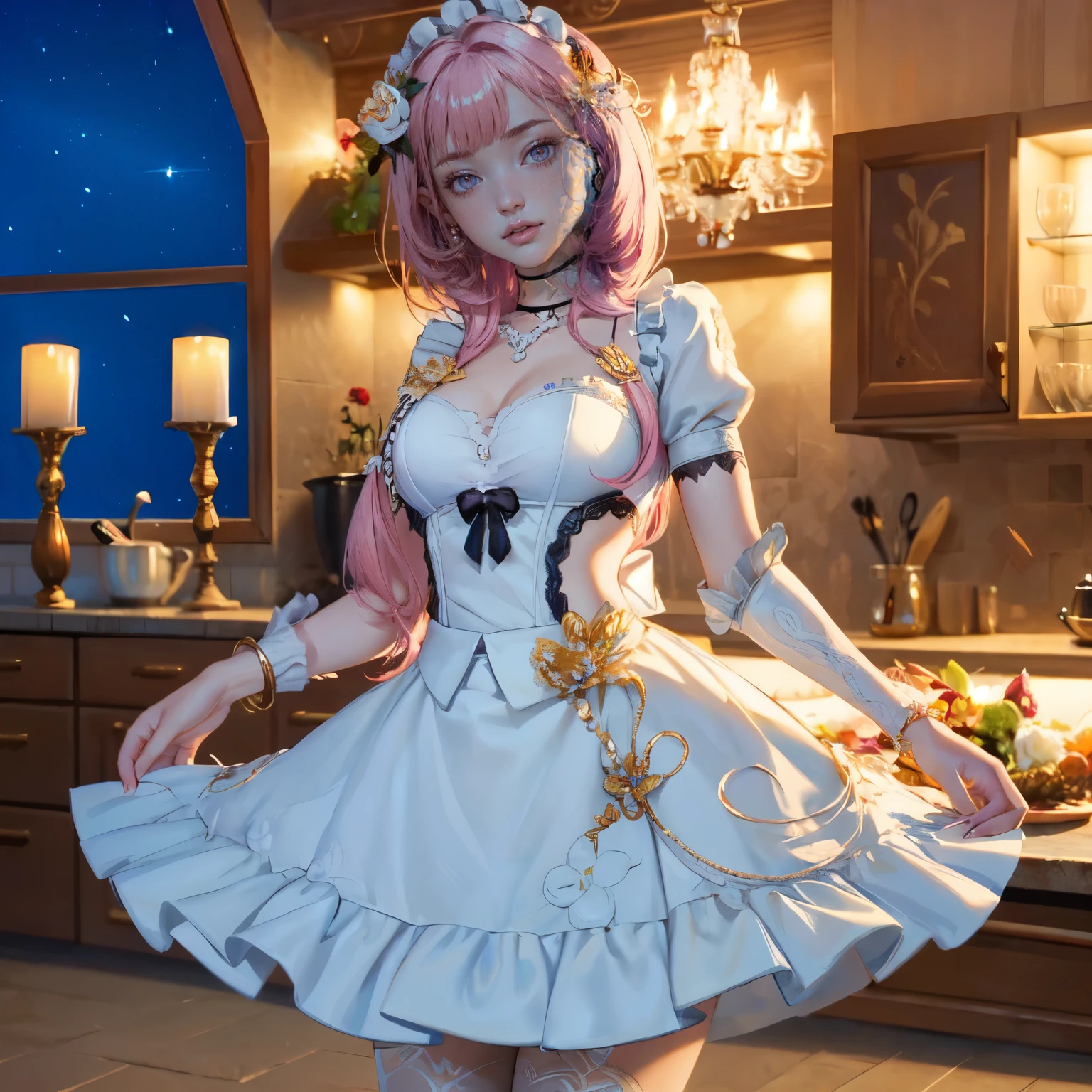 Anime - style girl in a white dress with pink hair and a bow - SeaArt AI