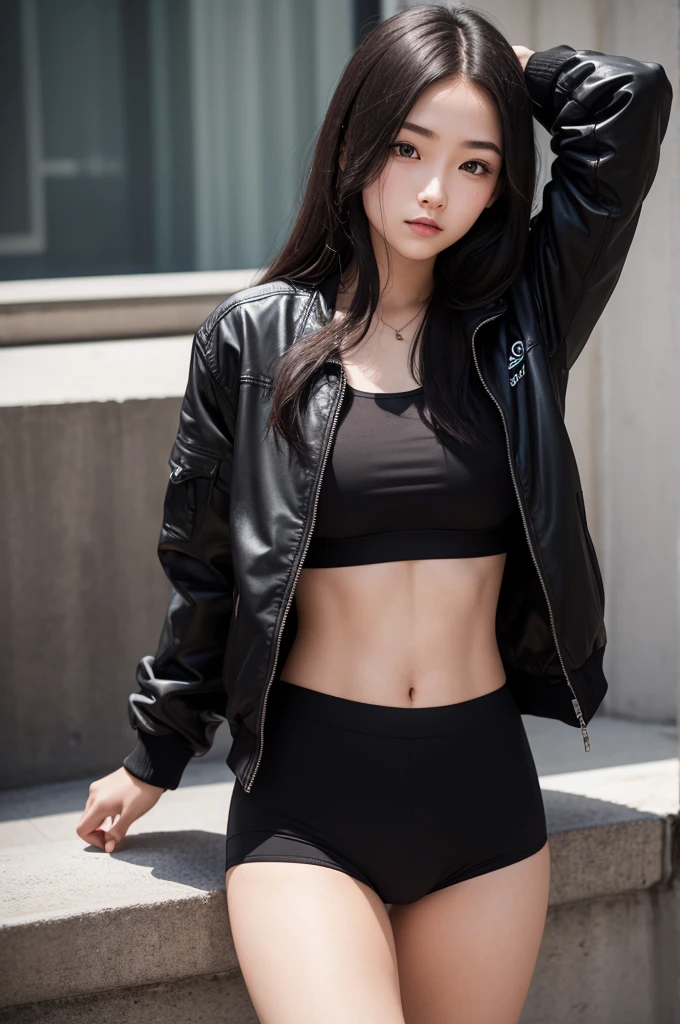 photograph of a 20 year old woman, face perfect, OGood de arte, Good, Underwear, blackw_Good, jaket, blackw_knickers
