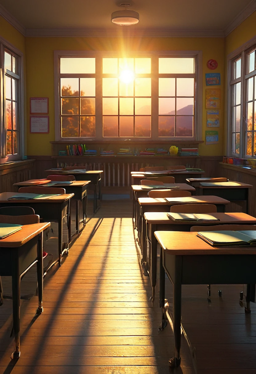 (Masterpiece, best quality, 8K, high res, ultra-detailed: 1.5) A school classroom, beautifully lined desks, the setting sun shining through the window, the word "Thank you" on the blackboard, realistic animation in vivid colors and (deep contrast of light and dark), realistic animation with vivid colors, and a soothing landscape.