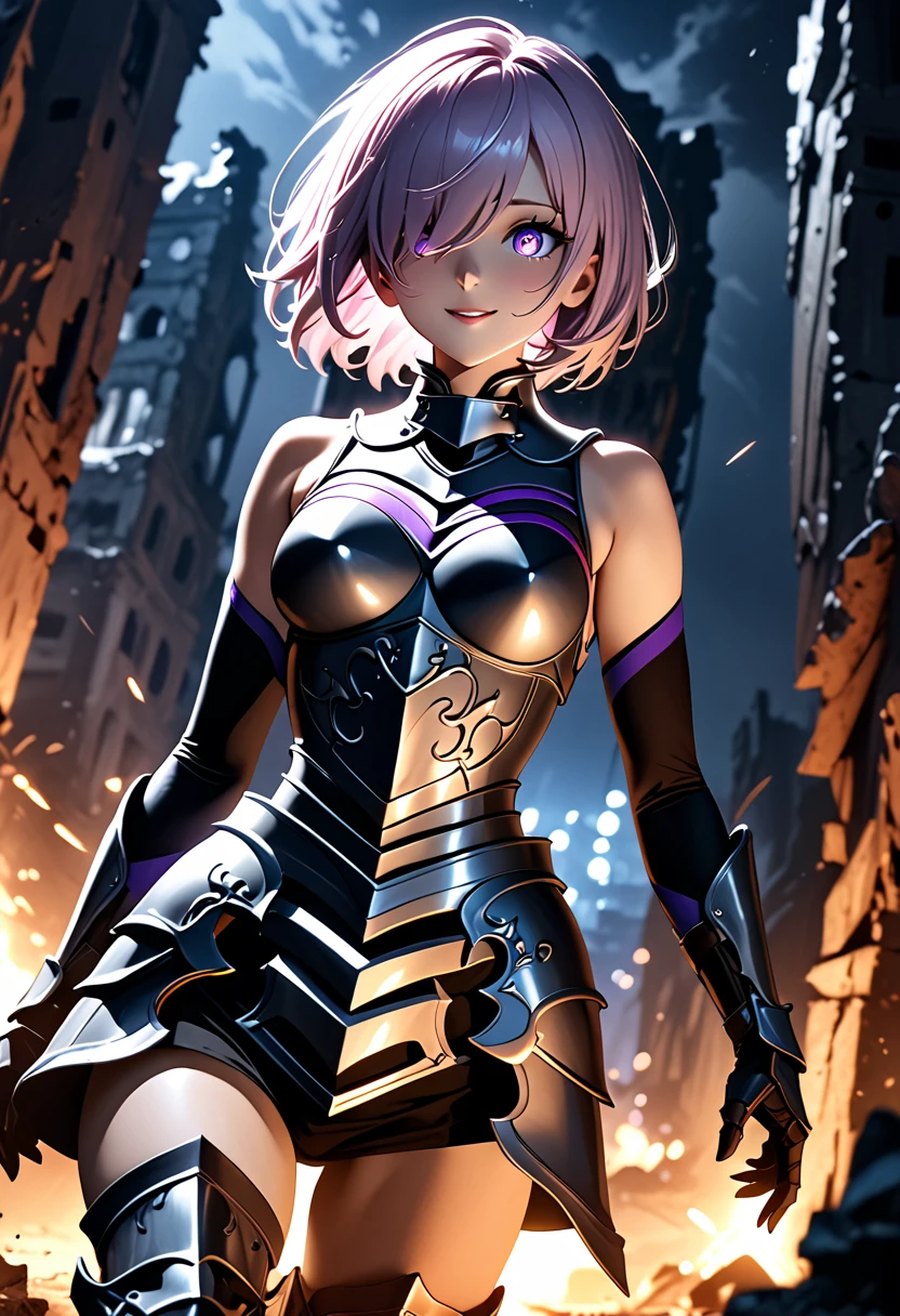 (masterpiece, top quality, best quality, beautiful and aesthetic:1.2), full body, extremely detailed, detailed face and eyes, cinematic light, depth of field, 1girl, seducing smile, solo, official, (armored knight:1.4), dark armor, mash kyrielight, light purple hair, short hair, hair over one eye, slim body, cinematic lighting, dramatic lighting, dramatic atmosphere, hyper-realistic, high resolution, stunning contrast, high quality, best quality, 8k, 4k, intricately detailed, (amazing details:1.2), highly detailed skin, powerful presence, vibrant colors, (detailed eyes:1.2), striking eyes, (detailed background), (warzone on background, night, ruins), (dynamic angle:1.2), (dynamic pose:1.2)