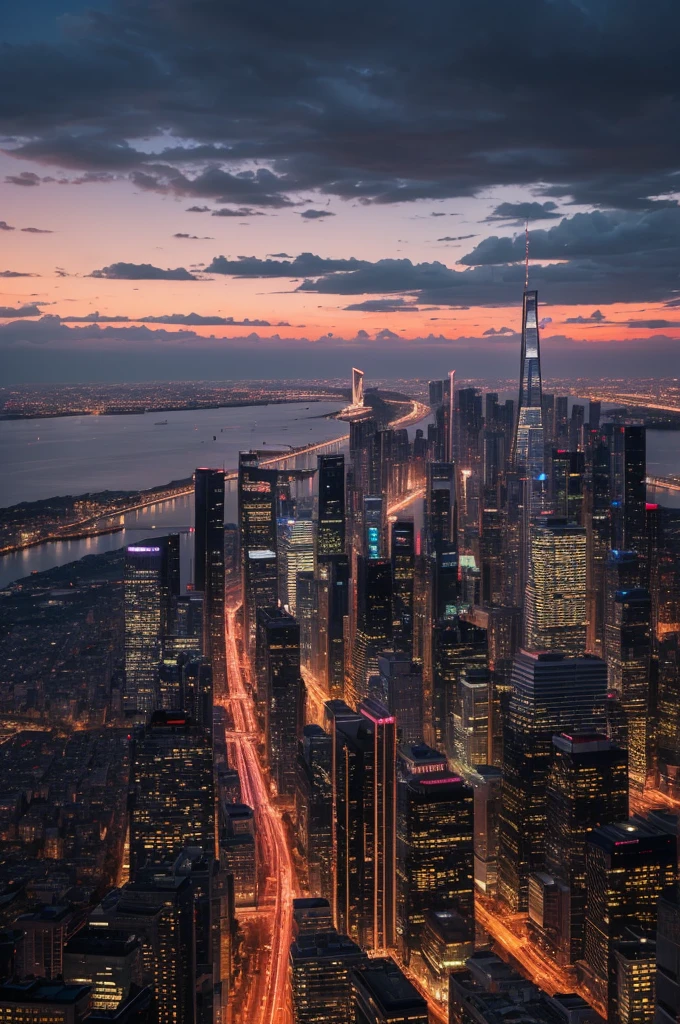 Imagine a modern city at dusk, where tall skyscrapers stand out against a sky tinged with soft shades of orange and pink. The lights of the buildings begin to turn on, reflecting softly on the