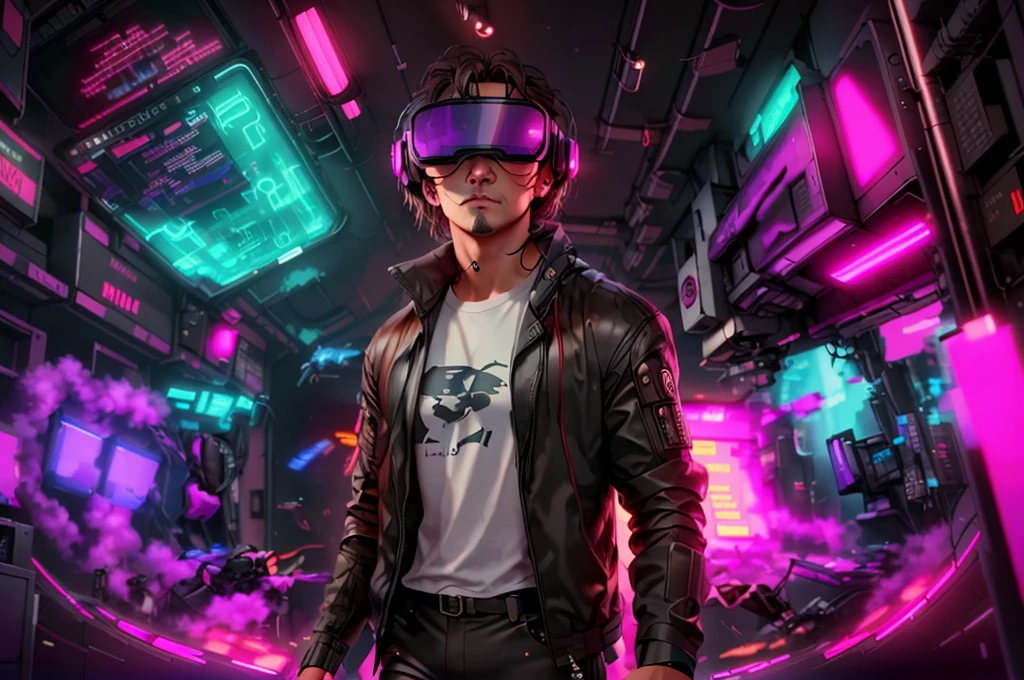 neocruz cabello largo , messy hair, barba, a man in a black jacket and glasses stands in front of a futuristic city, vr game, cyberpunk vibe, cyberpunk vibes, deeper into the metaverse we go, has cyberpunk style, cyberpunk theme, in cyber punk 2077, cyberpunk futuristic, cyberpunk future, synthwave, wearing cyberpunk streetwear, futuristic cyberpunk, cyberpunk tech, retro cyberpunk, synthwave style