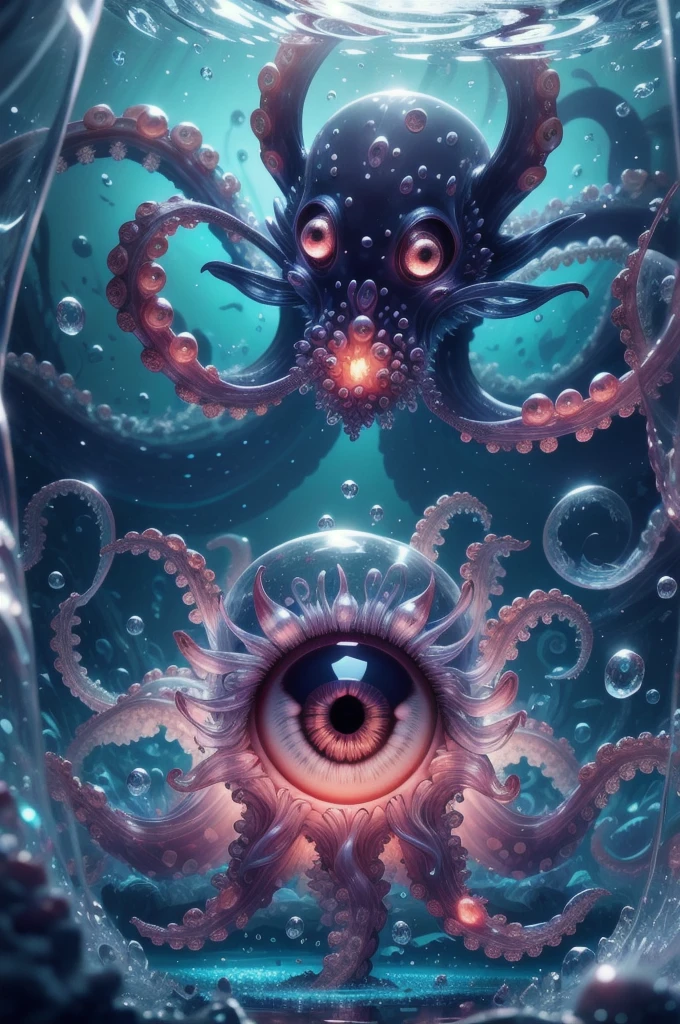 Eye focus,Tentacles,alone,Transparent glowing octopus,View your viewers,Variegated eyes,No humans,reflection,water,Extra Eyes,bubble,monster,Crystals,