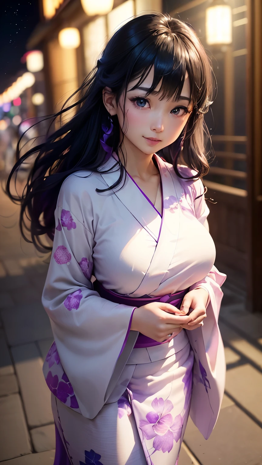 (logo、masterpiece、8K、Tabletop、RAW Photos、wonderful、最high quality、フォトリアリスティックでVery detailedな CG 複合 8K 壁紙、high quality、Very detailed、Narrative poem、Particle Effects、Dynamic Effects、Depth of the Boundary、Cinematic Light、Lens flare、Ray Tracing)、 (One beautiful woman wearing a yukata、White yukata、Light purple pattern)、Black-haired、High definition skin、Very fine、Fine skin texture、Beautiful Face、True Face、Beautiful details in the eyes、Realistic eyes、Beautifully detailed eyes、Realistic Skin、Beautiful Skin、Surreal、Smiling Eyes、Hair and light eyes、vivid、Colorful lights and bokeh、plump lower lip、Pink Lips、Hair flutters in Wind、Hair bounces、wonderful景色、night、evening、Wind、moonlight、moonlight、light