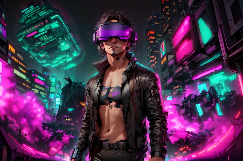 neocruz cabello largo , messy hair, barba,  a man in a black jacket and glasses stands in front of a futuristic city, vr game, cyberpunk vibe, cyberpunk vibes, deeper into the metaverse we go, has cyberpunk style, cyberpunk theme, in cyber punk 2077, cyberpunk futuristic, cyberpunk future, synthwave, wearing cyberpunk streetwear, futuristic cyberpunk, cyberpunk tech, retro cyberpunk, synthwave style