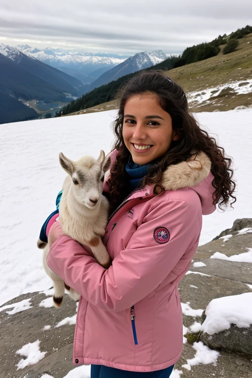 ((mejor calidad)), ((Obra maestra)), (detallado), 1 women, 25 years old, tanned-like skin, curly long hair, blue eyes, wearing a pink shirt, wearing a larg winter jacket and long oversize pants , on the peak of a mountain, snowing weather, smiling and hugging baby goat