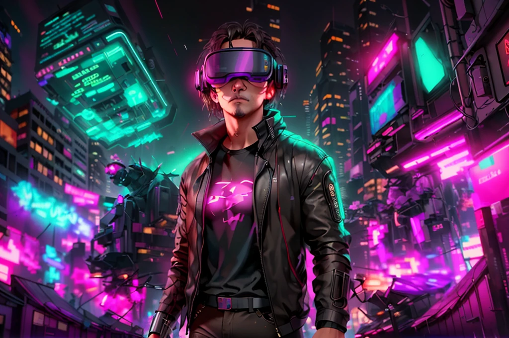 neocruz cabello largo , messy hair, barba, a man in a black jacket and glasses stands in front of a futuristic city, vr game, cyberpunk vibe, cyberpunk vibes, deeper into the metaverse we go, has cyberpunk style, cyberpunk theme, in cyber punk 2077, cyberpunk futuristic, cyberpunk future, synthwave, wearing cyberpunk streetwear, futuristic cyberpunk, cyberpunk tech, retro cyberpunk, synthwave style