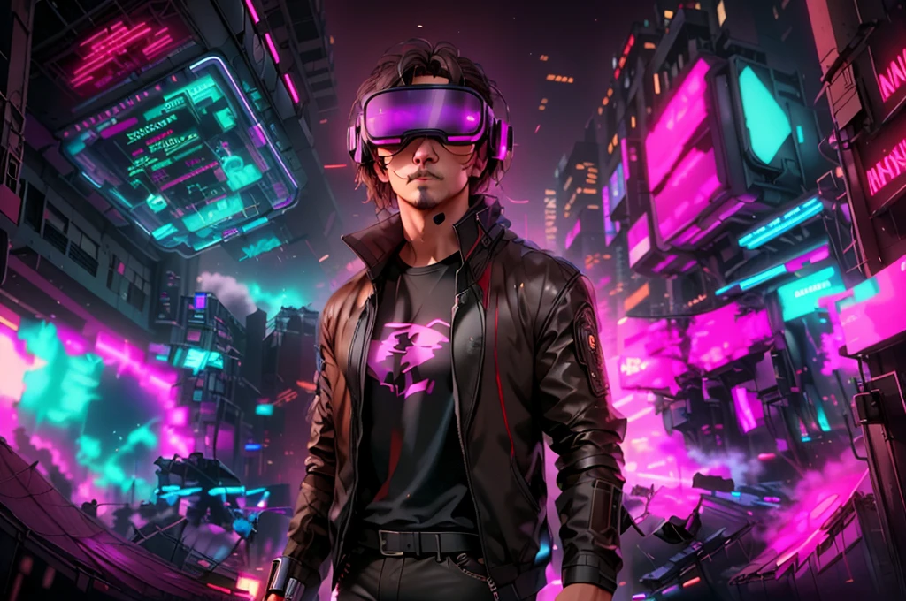 neocruz cabello largo , messy hair, barba,  a man in a black jacket and glasses stands in front of a futuristic city, vr game, cyberpunk vibe, cyberpunk vibes, deeper into the metaverse we go, has cyberpunk style, cyberpunk theme, in cyber punk 2077, cyberpunk futuristic, cyberpunk future, synthwave, wearing cyberpunk streetwear, futuristic cyberpunk, cyberpunk tech, retro cyberpunk, synthwave style