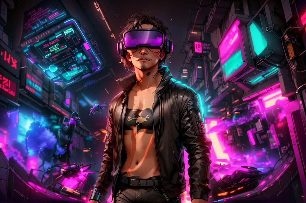 neocruz cabello largo , messy hair, barba, a man in a black jacket and glasses stands in front of a futuristic city, vr game, cyberpunk vibe, cyberpunk vibes, deeper into the metaverse we go, has cyberpunk style, cyberpunk theme, in cyber punk 2077, cyberpunk futuristic, cyberpunk future, synthwave, wearing cyberpunk streetwear, futuristic cyberpunk, cyberpunk tech, retro cyberpunk, synthwave style