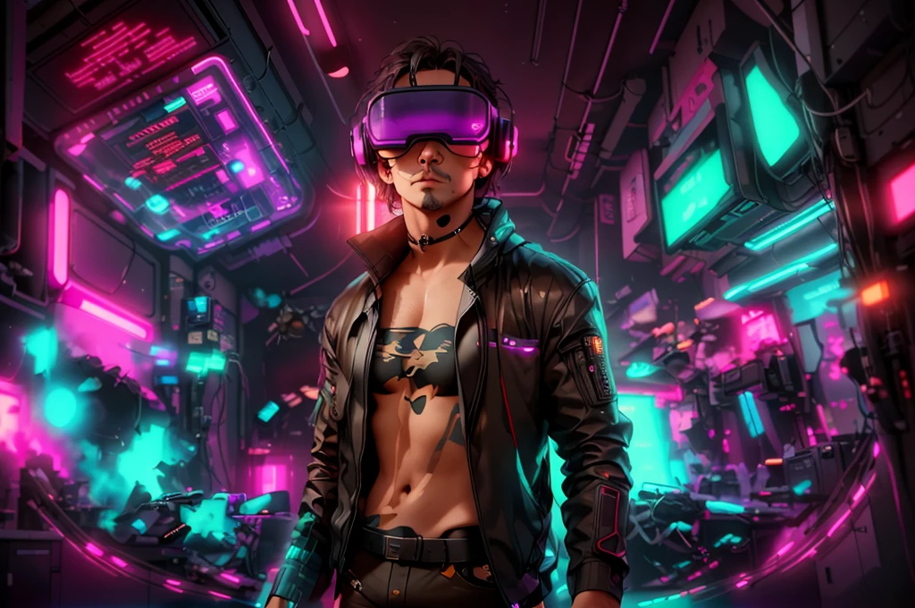 neocruz cabello largo , messy hair, barba, a man in a black jacket and glasses stands in front of a futuristic city, vr game, cyberpunk vibe, cyberpunk vibes, deeper into the metaverse we go, has cyberpunk style, cyberpunk theme, in cyber punk 2077, cyberpunk futuristic, cyberpunk future, synthwave, wearing cyberpunk streetwear, futuristic cyberpunk, cyberpunk tech, retro cyberpunk, synthwave style
