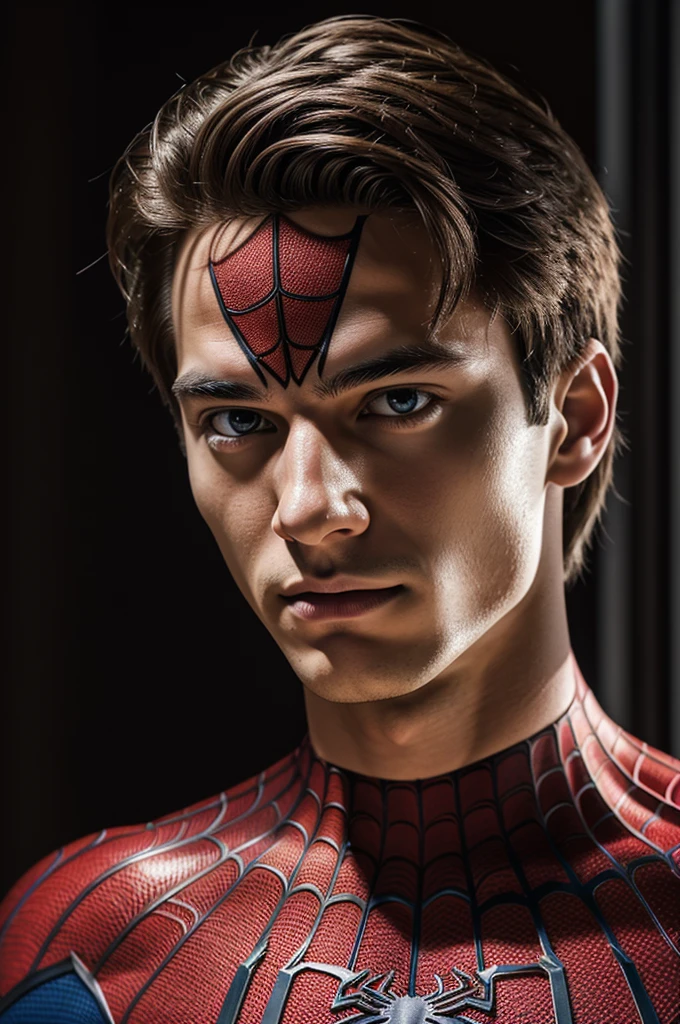 A photograph of spider man, no mask, 20 yo, handsome, detailed face, looking at camera, portrait, 8k uhd, high quality