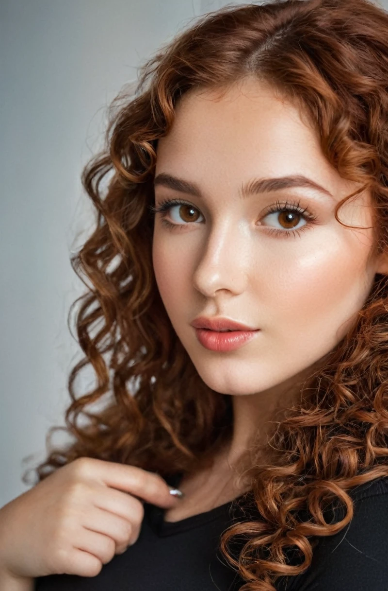 Young beautiful girl, 18 years old, fair skin, sexy lips, full body photo, showing off an athletic figure, looking shy. Looks at the camera with open eyes and slightly open mouth. The ultra-realistic photo, shot with a high-quality camera, captures every detail of the texture of her skin, the vibrant color and natural curls of her red-brown hair, and the captivating depth of her brown eyes. Her curly locks fall in luscious waves, each strand shimmering under soft, hyper-realistic, Soft Light, Natural Light. young and playful look. She is wearing a black body-hugging sports shirt, she has large breasts but a slim figure, she is taking a selfie.