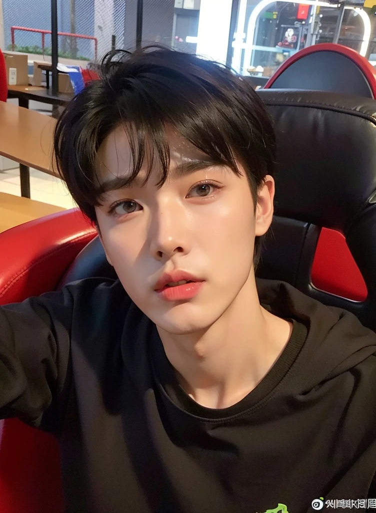 There's a man sitting in a chair with a cell phone, kim doyoung, contraction serpentine / gamer ludwig, yanjun chengt, kanliu666, hyung tae, cai xukun, heise jinyao, profile headshot, TaeJune Kim, Chen Longque, sakimichan, hong junio hyung, jung jaehyun