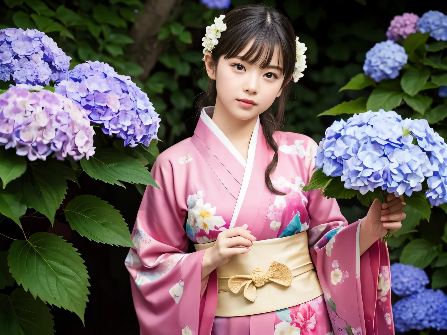 The background is the world of hydrangea flowers、Highest quality, Tabletop, High resolution, (((One Girl))), ************,Brown eyes、kimono、((花柄kimono)), Tyndall effect, Realistic, Shadow Studio, red lighting, Dual Tone Lighting, (High Definition Skins: 1.2) Digital SLR, photograph, High resolution, 4K, 8K, Background Blur,Beautiful fade out、Background々The colorful world of hydrangea flowers