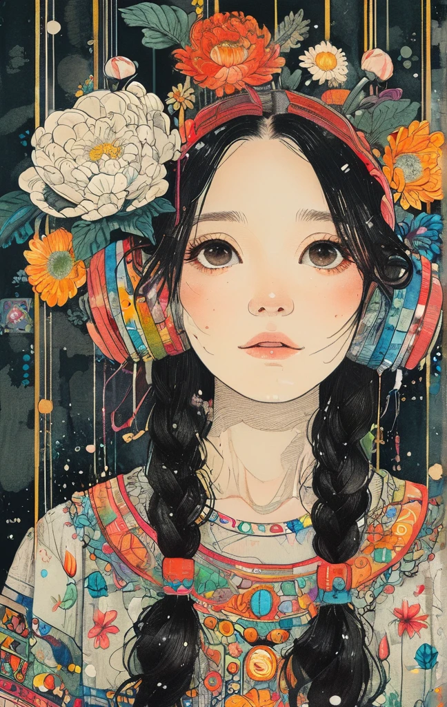 (ultra-detailed background, detailed background), absurdres, highres, ultra detailed, extremly detailed, 1girl, (bunch of flowers:1.3), (zentangle:1.2), (geometric:1.2),(colorful), 