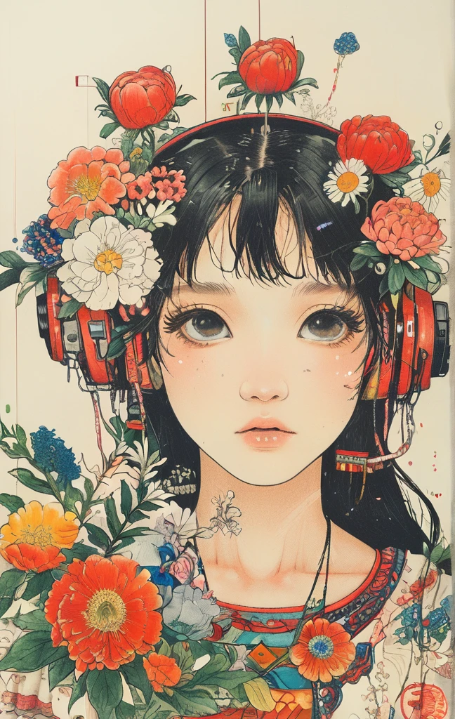 (ultra-detailed background, detailed background), absurdres, highres, ultra detailed, extremly detailed, 1girl, (bunch of flowers:1.3), (zentangle:1.2), (geometric:1.2),(colorful),