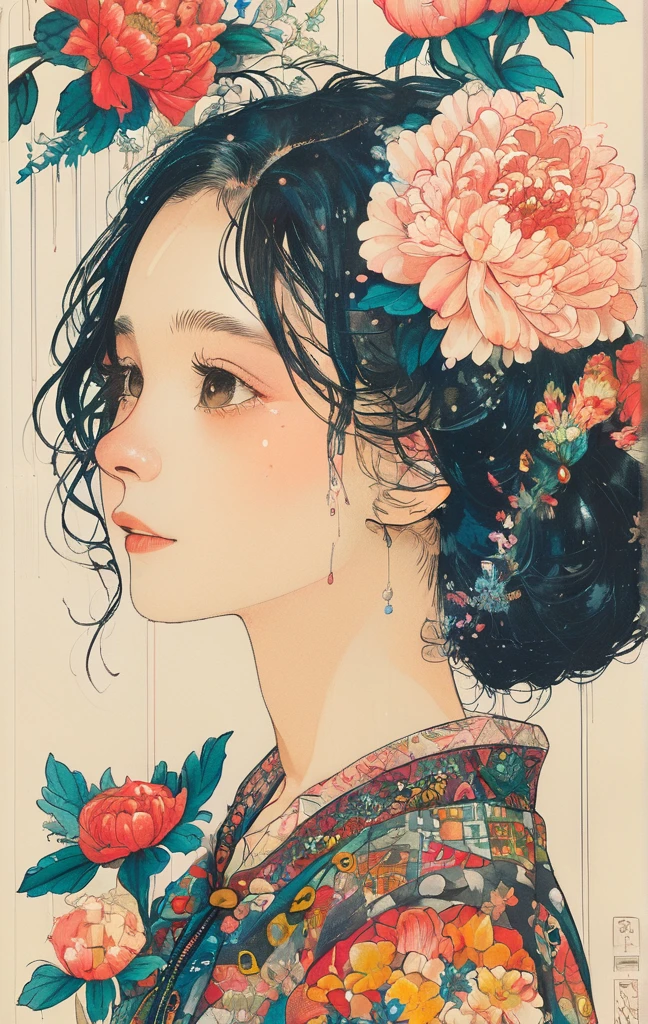 (ultra-detailed background, detailed background), absurdres, highres, ultra detailed, extremly detailed, 1girl, (bunch of flowers:1.3), (zentangle:1.2), (geometric:1.2),(colorful),