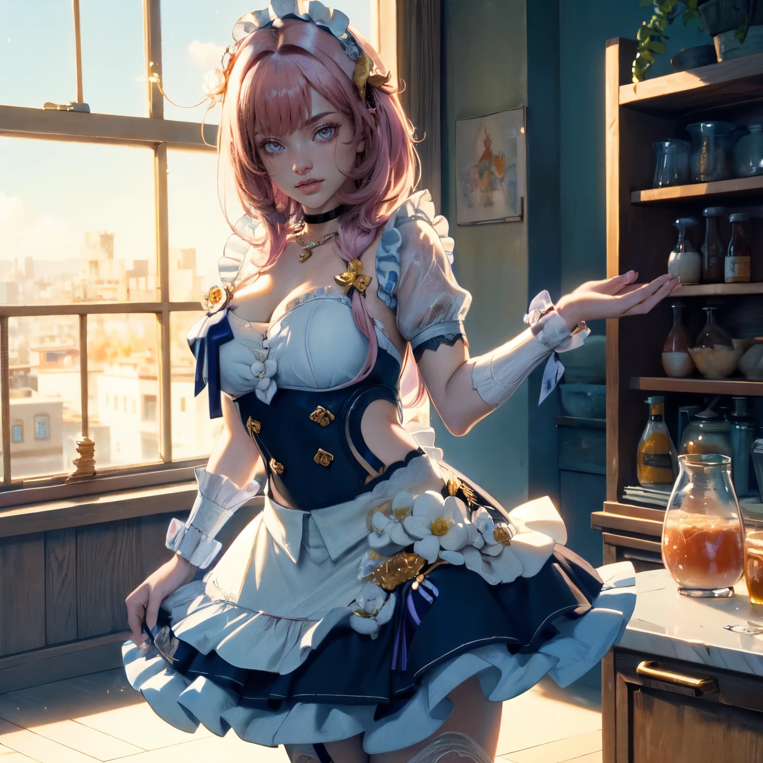 1girl, white roses, ornament hair, white roses on her hair, perfectly body, perfectly hands, lilac hair, long hair, wave hair, long hair, ornament hair, long hair, Looking at the viewer, flowing hair, Beautiful Eyes, Plump and glossy lips, maid, maid dress, maid headdress, maid apron, white dress with too many frills, white dress, blue laces, white Short skirt, Drape clothes, pink gem, Lace trim, kitchen, luxury details, gold jewelry, more details, best quality, Big sparkling eyes, blushing, white Striped Lace Stockings, pink Lolita skirt, sparkle, solo, centered girl, cowboy shot, perfectly body, perfectly hands, two arms, two legs, two hands, five fingers, perfect anatomy, glowing hair, white roses, maid, maid dress, dress, solo, flowing hair, floating hair, ornament hair, perfectly body, perfectly hands, on the kitchen, sparkles, more details on her clothes, white dress with transparency, golden details on her dress, night, tray with juice, ((4k, masterpiece, top-quality)), 8k, best quality, high resolution, UHD, (illustration:0.8), super cute girl, delicate and beautiful face, mature girl, super cute hairstyle, (beautiful detailed eyes:1.6), extremely detailed face, perfect lighting, extremely detailed CG, (perfect hands, perfect anatomy), Best quality, cleavage, small skirt, full Body, two arms, two legs, two hands, five fingers