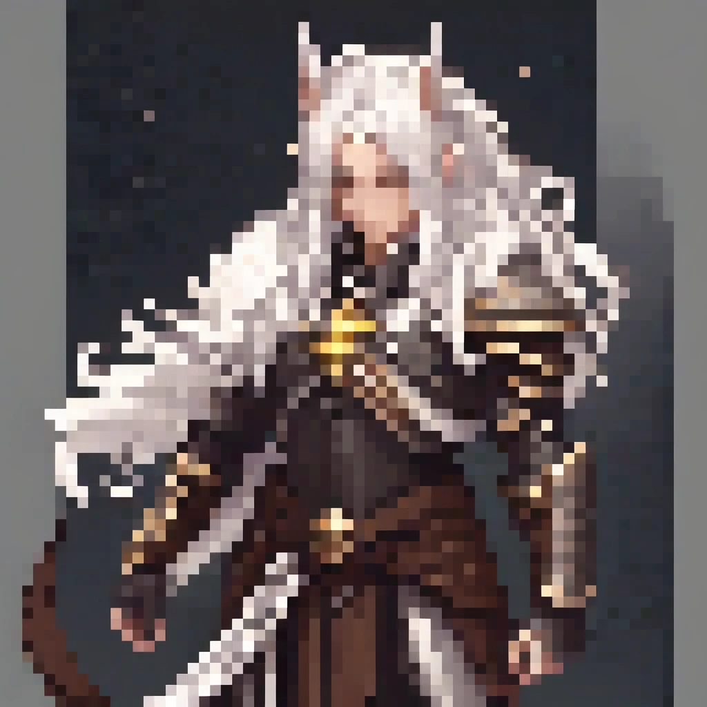 all and imposing, this character stands at over six feet with a lithe, muscular build that suggests both agility and strength. Their skin is a deep, rich ebony, smooth and unmarred, giving off a faint, ethereal glow under the moonlight. Their hair is a cascade of silvery white, falling in loose waves to their waist, shimmering like spun moonlight. Sharp, high cheekbones frame their face, accentuating their striking, almond-shaped eyes that glow with an otherworldly amber light. Their ears are pointed, peeking through their hair, marking them as distinctly non-human.

They wear intricately crafted armor, a blend of leather and metal adorned with arcane symbols that seem to shift and change when glanced at from different angles. Each piece of their attire, from the armored boots to the flowing, tattered cloak, is meticulously designed, merging functionality with a touch of dark elegance. Across their back, a massive sword is sheathed, its hilt encrusted with small, glowing gemstones. On their left forearm, a leather bracer is adorned with ancient runes, while their right arm is decorated with an elaborate, winding tattoo that appears to move as if alive.