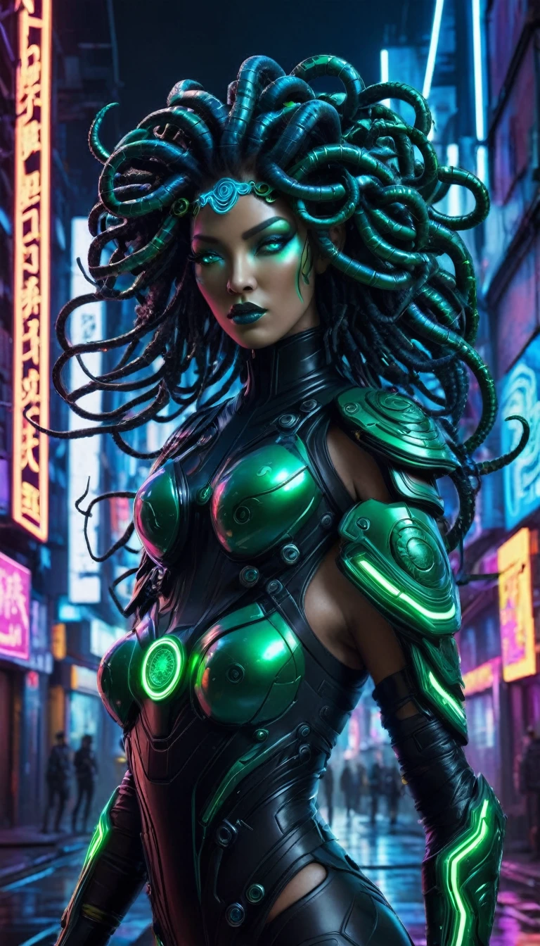 "Create hyper-realistic digital artwork of Medusa, reimagined in a gritty cyberpunk world. Portray her as a high-tech assassin, with radiant, neon-lit skin and striking facial features that seem to pierce the darkness. Your eyes should glow with an unearthly green light, as if imbued with the power of the digital underworld.
Instead of traditional snakes, Medusa's hair is supposed to be a mess of fiber optic cables, pulsing with energy and humming with the hum of machines. His costume was supposed to be a fusion of high-tech armor and avant-garde fashion., in a purple geisha dress that was hacked and reprogrammed to display a mesmerizing cherry blossom pattern.
Set the scene in a dystopian bedroom, with a sleek, high-tech sofa and a backdrop of neon-lit cityscapes. Medusa must be placed dynamically, action-packed stance, with legs spread wide and hands holding a pair of cybernetic gauntlets. The wooden fan, often used to hide the face, should be replaced with a high-tech visor, complete with glowing blue circuitry and a holographic display.
The overall atmosphere should evoke a sense of danger and high-stakes rebellion, as if Medusa is about to take down a corrupt corporation or infiltrate a heavily guarded facility. Lighting should be dark and moody, with neon details and strobe lights that pulse with the rhythm of the city.
The final image should be a masterclass in cyberpunk aesthetics, with intricate detail, neon lit textures, and a level of realism that immerses the viewer in the gritty, high-tech world of the future. Cherry blossoms should be subtly integrated into the design, perhaps as a holographic projection or neon-lit mural in the cityscape."