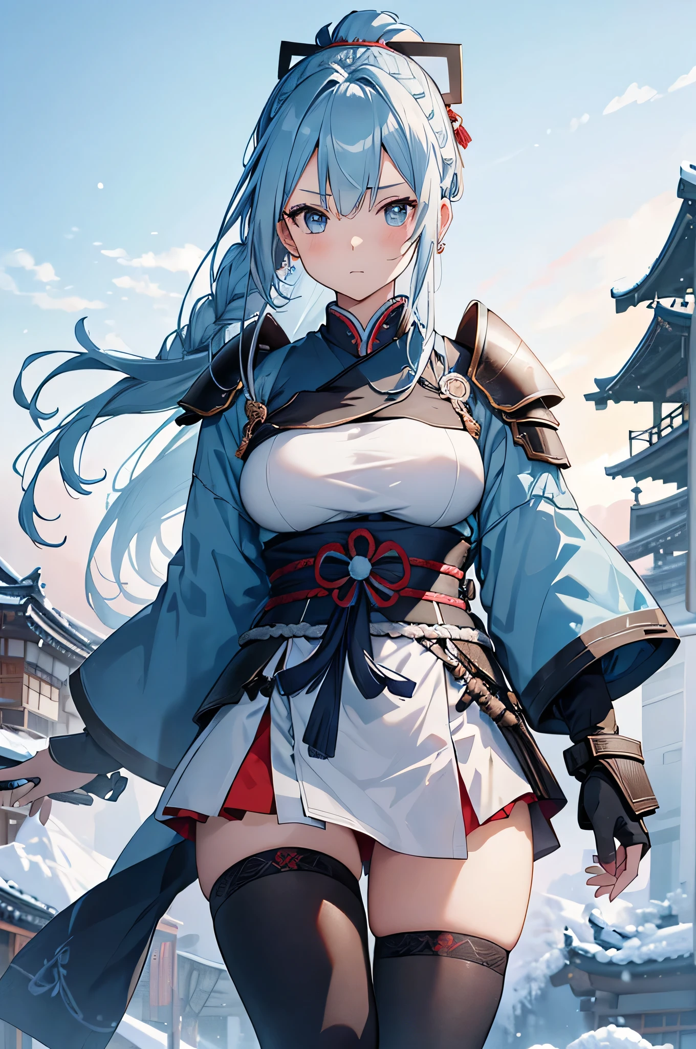 4K,High resolution,One Woman,Light blue hair,Long Ponytail,Braid,Big Breasts,Samurai,氷で出来たSamuraiの鎧,Heavy Armor,Full Armor,Sideboob,Black tights,hair band,Jewelry decoration,Big Japan sword,Japan castle tower,Snowy Sky