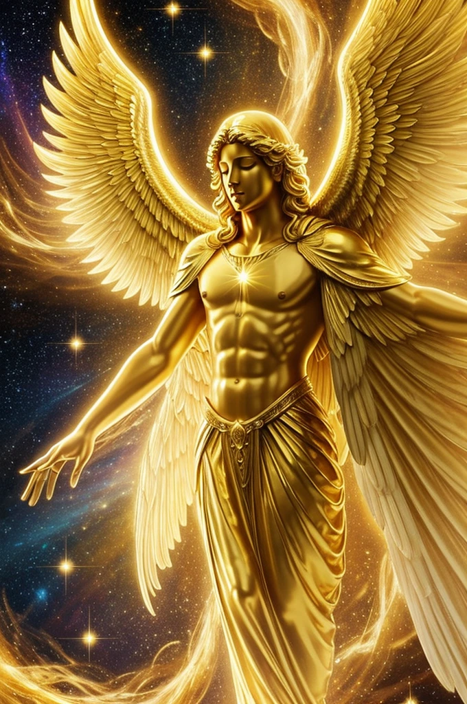 In a heavenly kingdom, Golden angelic beings radiate a soft, divine luminosity. At the center, a male golden angel, with majestic wings made of pure, shiny gold, begins to pulsate with intense cosmic energy. your wings opened, Shining with a radiant glow embracing the entire universe.